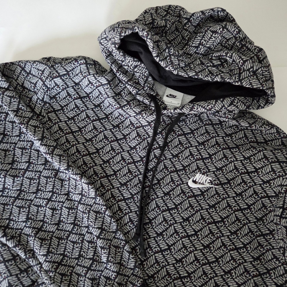 Nike All Overβ Print Swoosh Logo Hoodie Sweatshirt Men's Size S Black Gray